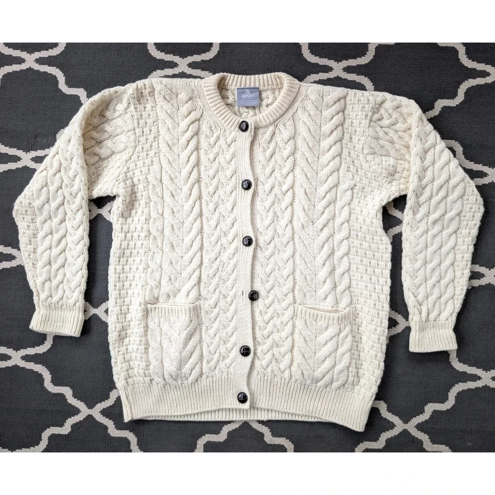 Aran Woollen Mills Mens XL Cream White Cable Knit Pocket Ireland Button Up - Picture 1 of 8